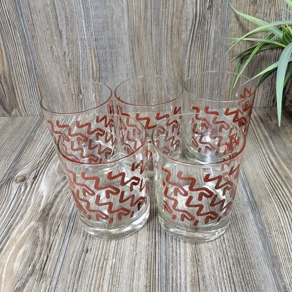 5 Vintage Old Fashioned Tumblers, Clear & Red  Geometric - Picture 3 of 4
